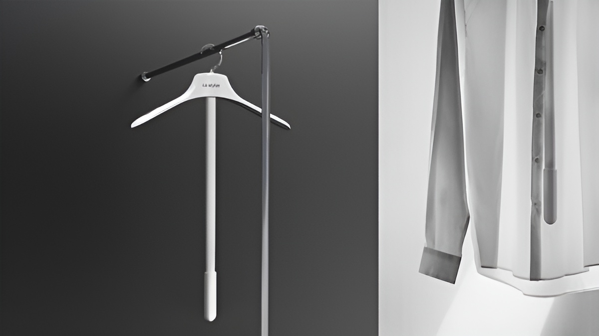 회색 벽에 설치된 길쭉한 막대형 의류 관리 장치가 옷걸이 형태로 매달려 있으며, 오른쪽에는 다림질된 셔츠가 자연스럽게 걸린 모습이 함께 배치되어 있다.