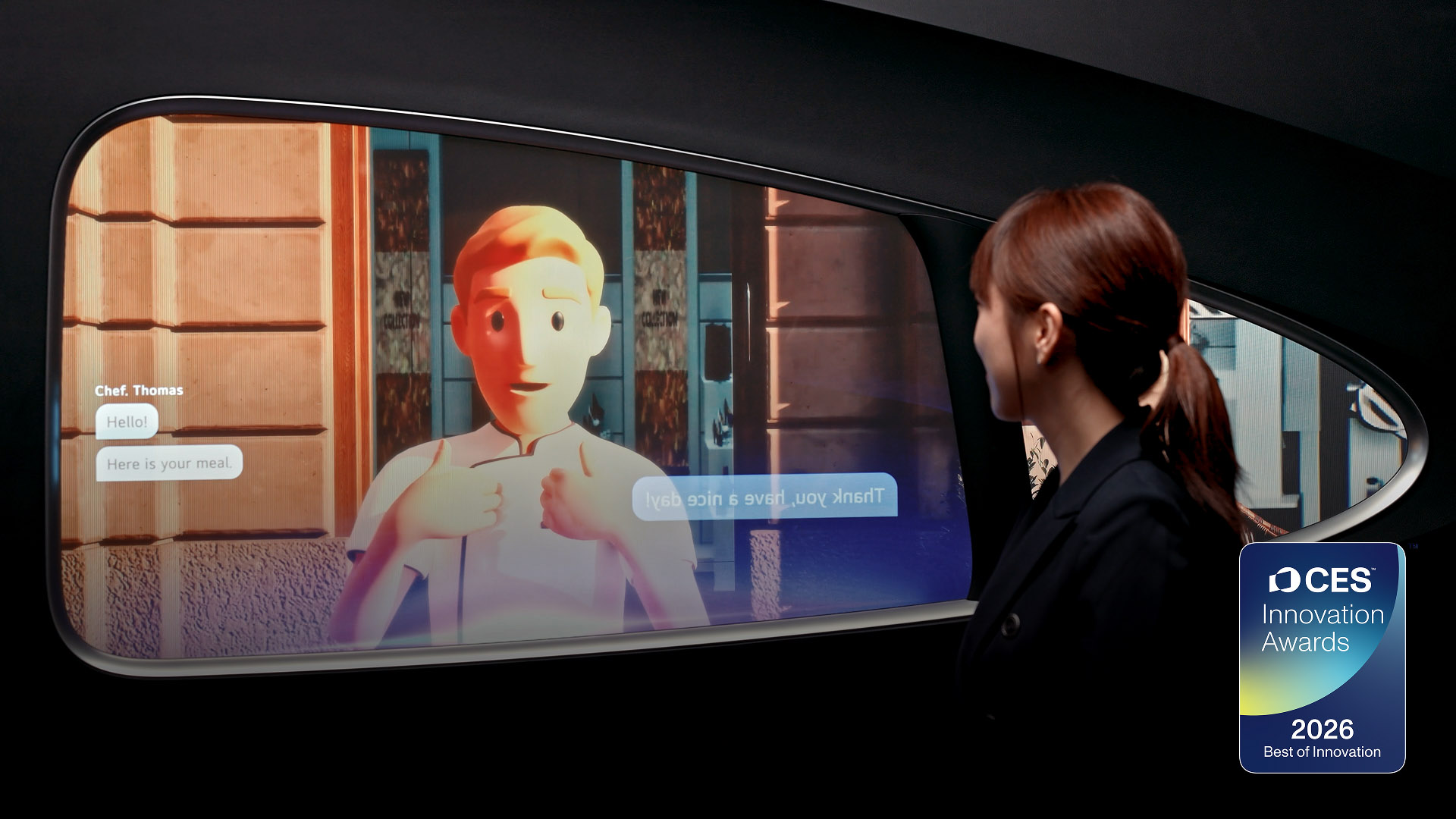 엔터테인먼트 솔루션 체험존에서는 음식을 픽업하는 과정에서 직원이 수어를 사용하면 AI가 수어의 뜻을 해석해 디스플레이에 자막을 띄움으로써 양방향 소통을 돕는 모습을 보여준다.