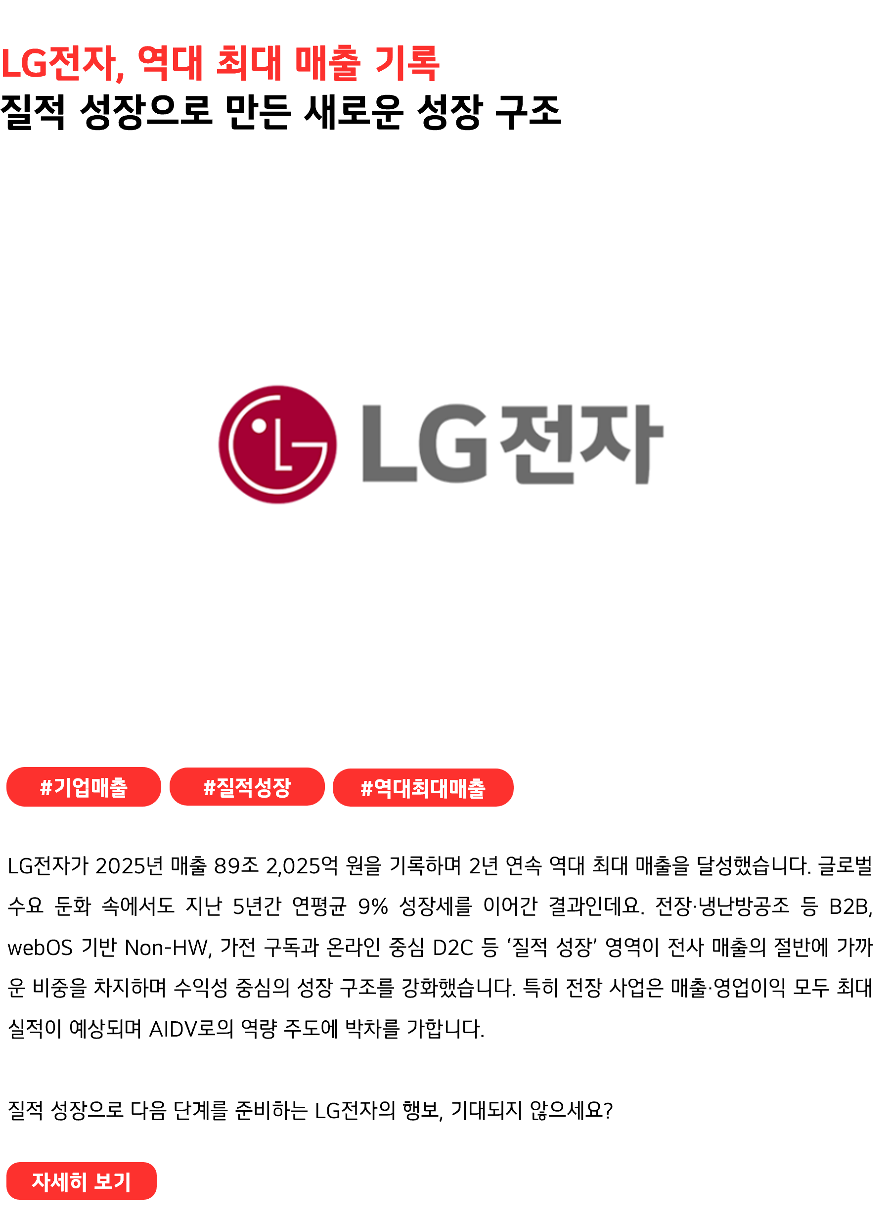 LG전자, 역대 최대 매출 기록 질적 성장으로 만든 새로운 성장 구조 #기업매출 #질적성장 #역대최대매출 LG전자가 2025년 매출 89조 2,025억 원을 기록하며 2년 연속 역대 최대 매출을 달성했습니다. 글로벌 수요 둔화 속에서도 지난 5년간 연평균 9% 성장세를 이어간 결과인데요. 전장·냉난방공조 등 B2B, webOS 기반 Non-HW, 가전 구독과 온라인 중심 D2C 등 ‘질적 성장’ 영역이 전사 매출의 절반에 가까운 비중을 차지하며 수익성 중심의 성장 구조를 강화했습니다. 특히 전장 사업은 매출·영업이익 모두 최대 실적이 예상되며 AIDV로의 역량 주도에 박차를 가합니다. 질적 성장으로 다음 단계를 준비하는 LG전자의 행보, 기대되지 않으세요?