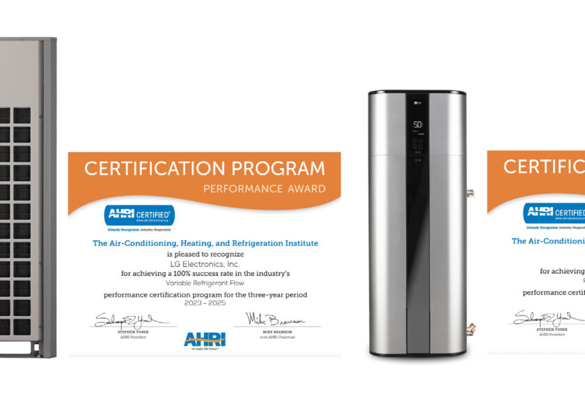 AHRI 퍼포먼스 어워드(Performance Award)를 수상한 LG전자 멀티브이 5(Multi V 5)와 가정용 히트펌프 온수기 제품.